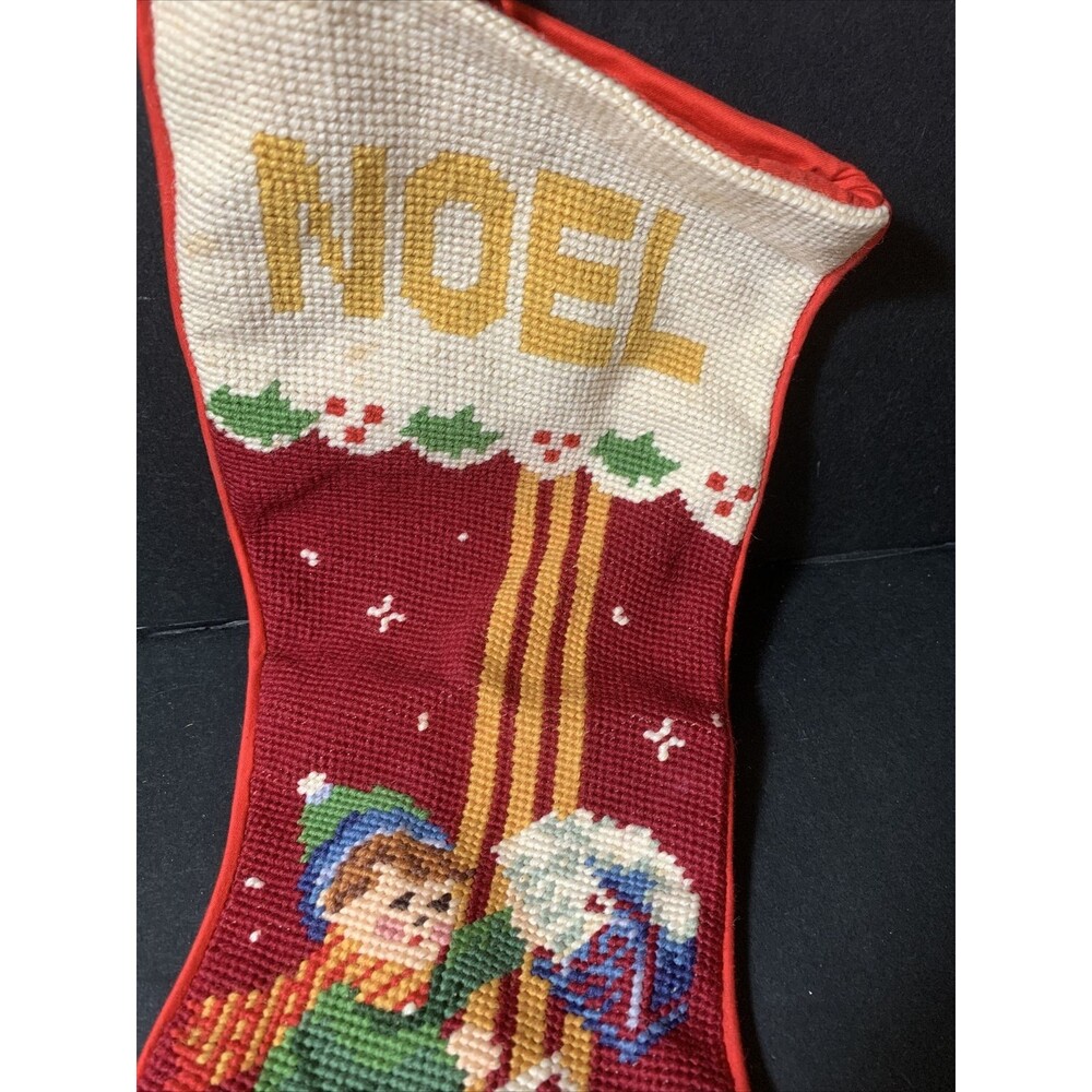 VTG Christmas Noel Boy Girl Children Letter To Santa Wool Needlepoint Stocking - Picture 2 of 4